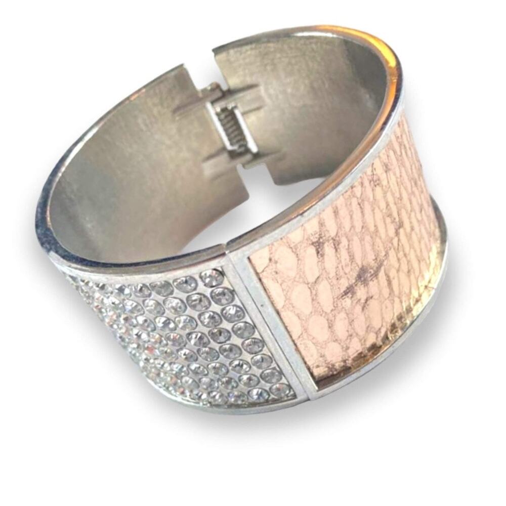 Faux snakeskin and rhinestone clamper bracelet